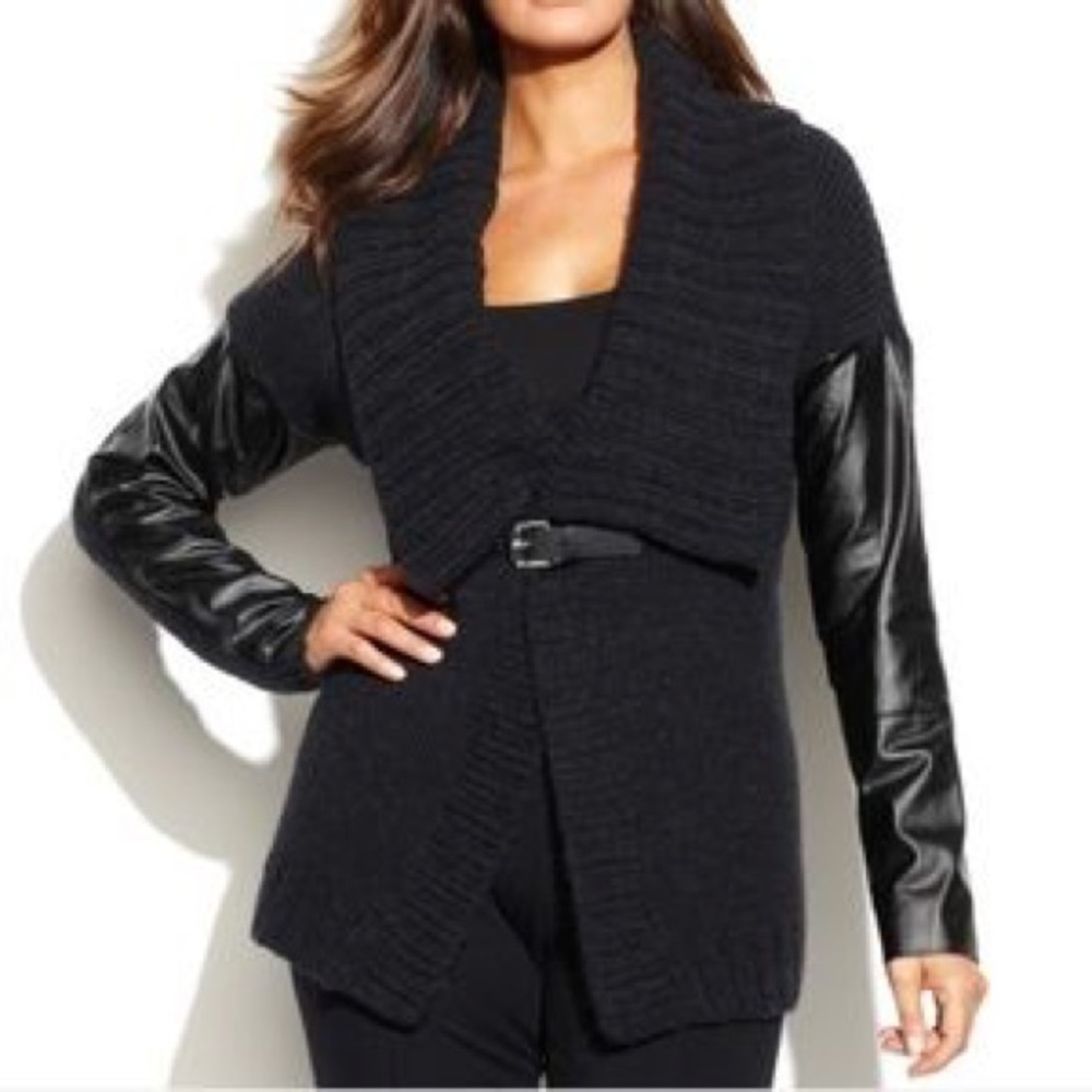 Chunky knit Faux-leather Sleeve Buckle CardiJacket